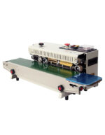 Θερμοκολλητικό μηχάνημα σε μπροστινή όψη για τοποθέτηση. Μπροστά, η θέση τοποθέτησης της συσκευασίας προς κόλληση και πάνω από την θέση ο μηχανισμός θερμοσυγκόλλησης.